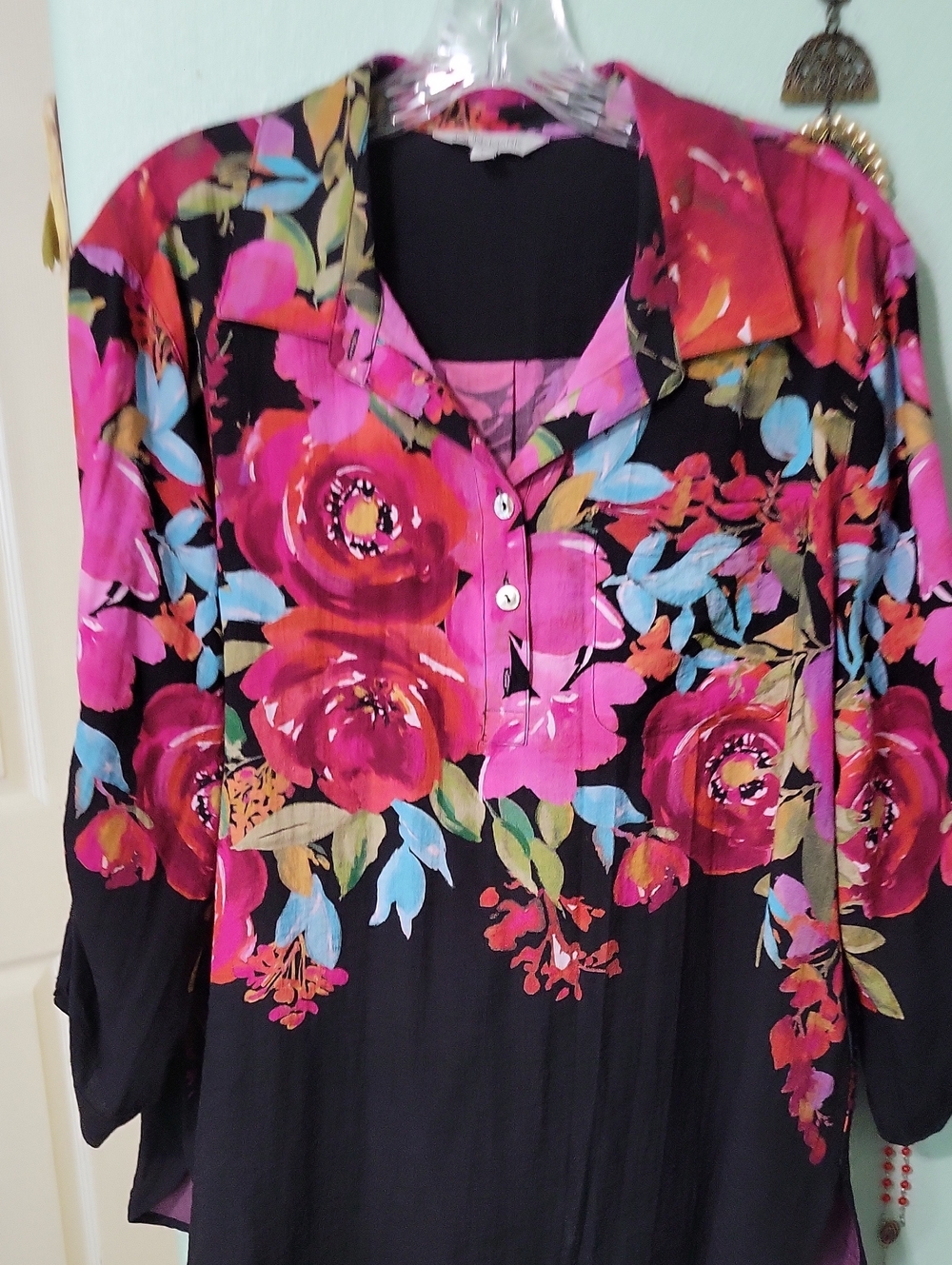 John Mark Black Tunic with Pink and Red Floral Print
